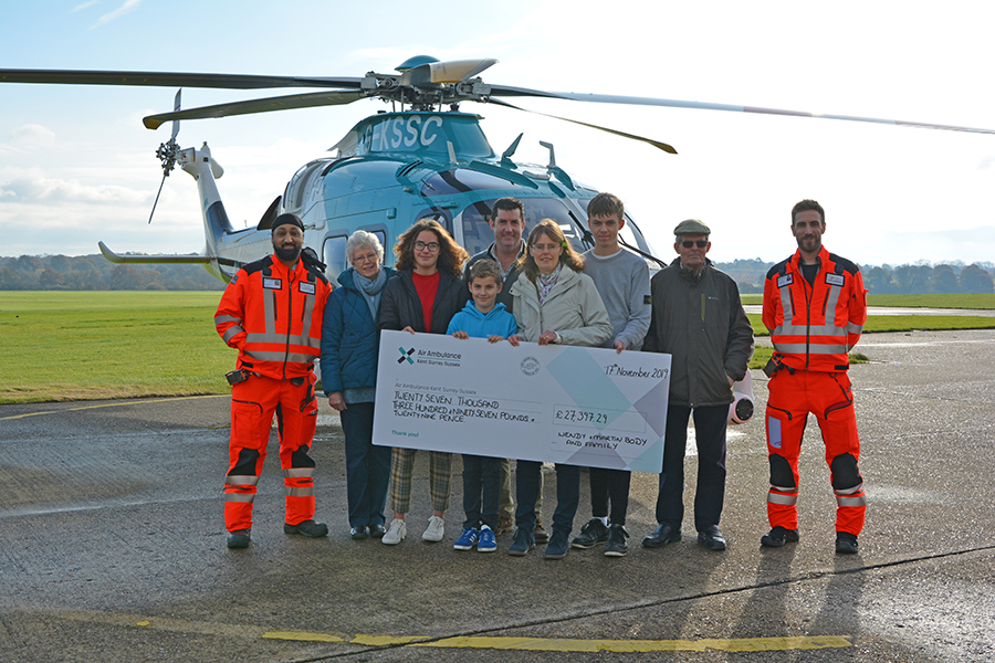 Wendy Body and Crew: l-r Dr Jasmit Mohindru, Emily Body, Harry Body, Wendy Body, Toby Body, Martin Body, Jon Fisher (Paramedic)