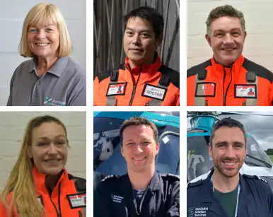 Faces of six air ambulance crew facing camera